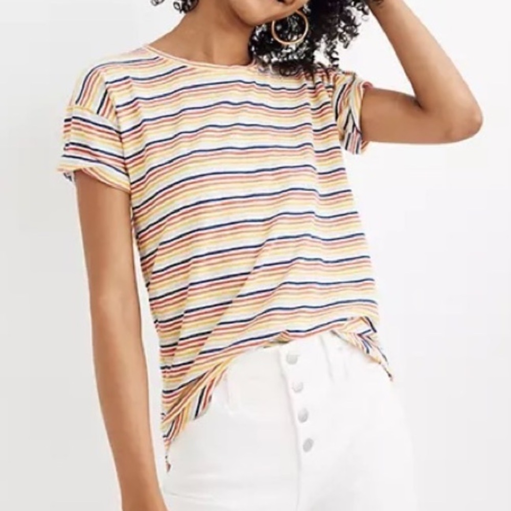 Madewell Striped Cream and Brown Women's Top Size L / Preowner